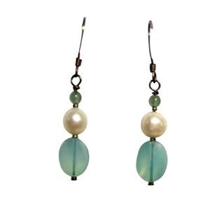 Freshwater Pearl & Aqua Glass Bead Drop Earrings Handmade Silver-Tone Dangle